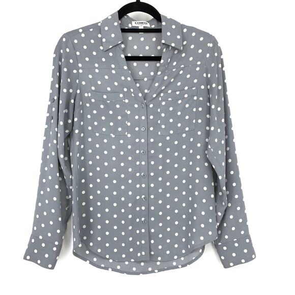Express The Portofino Shirt Womens Sz XS Gray White Polka Dot Button Front NEW - Picture 1 of 6